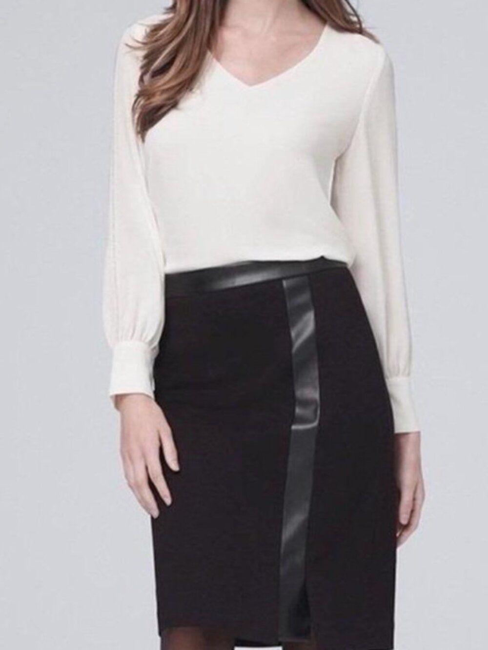 White House Black Market - Black Pencil Skirt with Leather Detail - Size 2